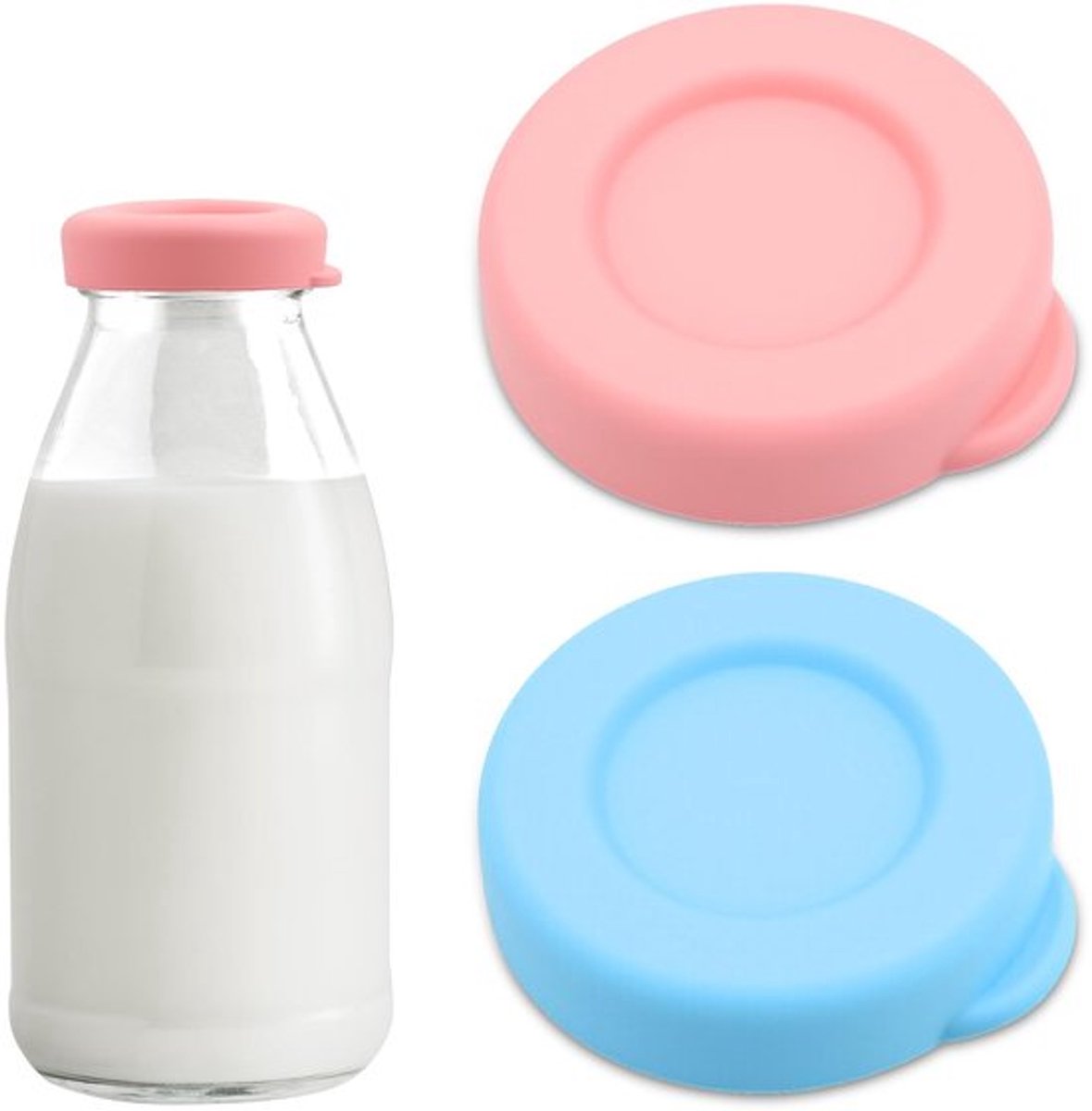 Melkflesdeksels Herbruikbaar - Silicone Deksel - 48mm Diameter - Kleurenset (1 Roze/1 Blauw) - Schokbestendig - Eenvoudig te Reinigen