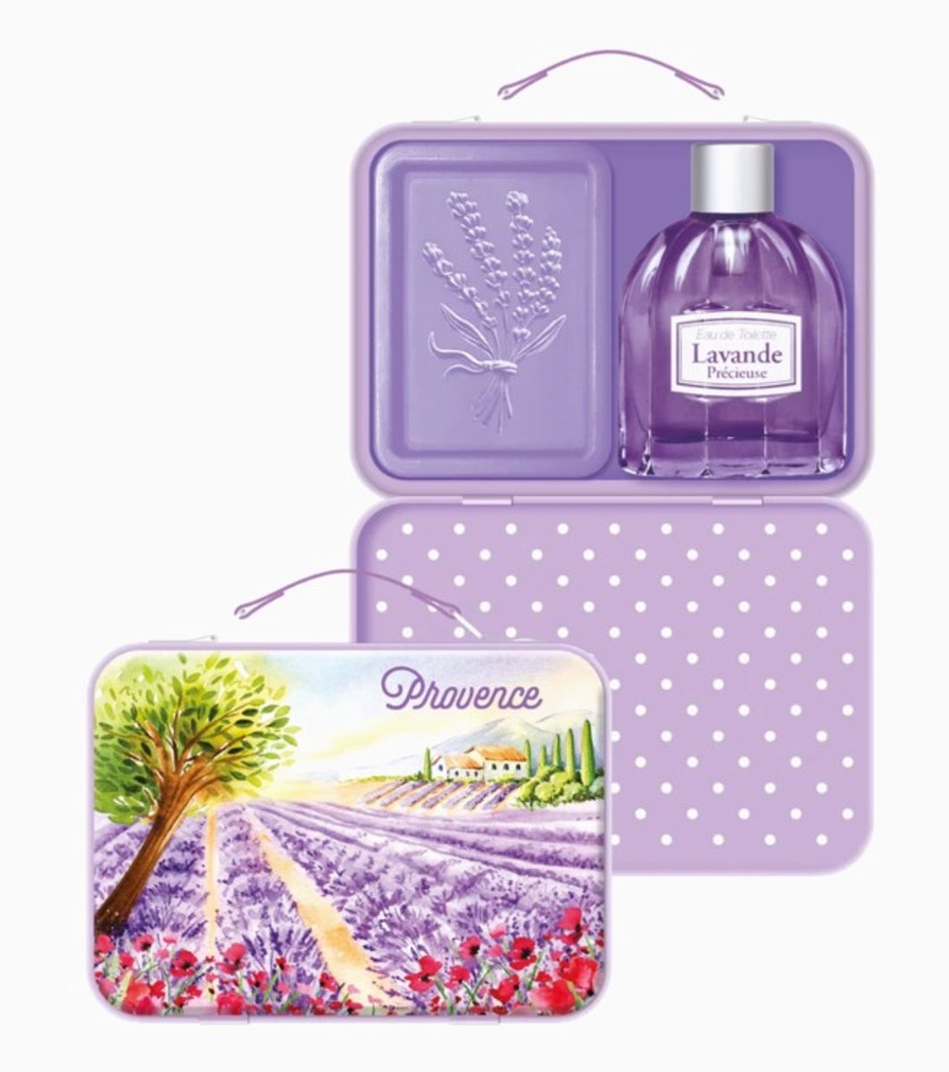 Retro blikje valies met zeepje en eau de toilette lavendel Esprit Provence