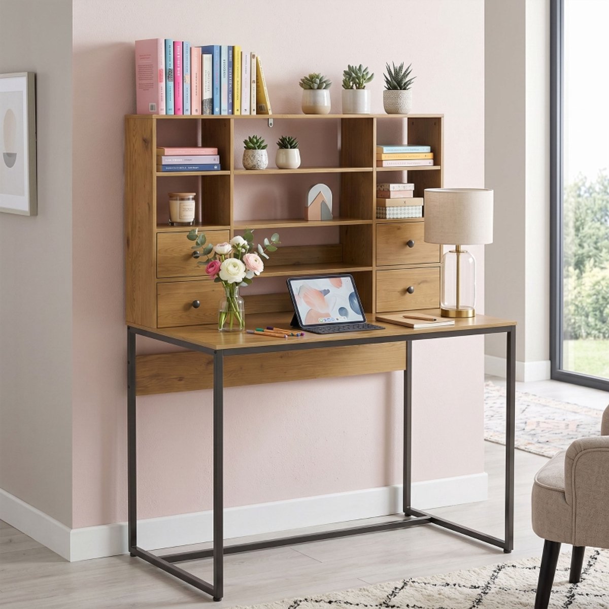 MIVRAY Bureau – 105 x 60 cm Met 4 Lades En Verstelbaar Opbergrek – Spaanplaat En Metaal – Naturel Hout – Thuiswerkplek