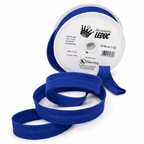 Koningblauw dubbel gevouwen biaisband van 100% katoen. 20 meter, rol met "Accessoires Leduc" logo.