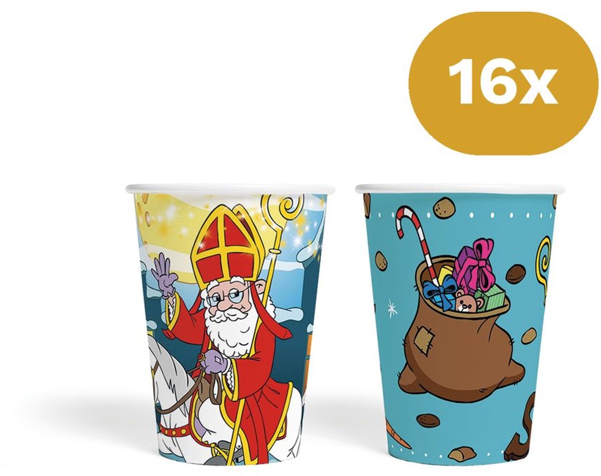 16x Sinterklaas Bekertjes 210ml FSC - Papieren Bekers Sint & Cadeauzak - Pakjesavond Tafelservies