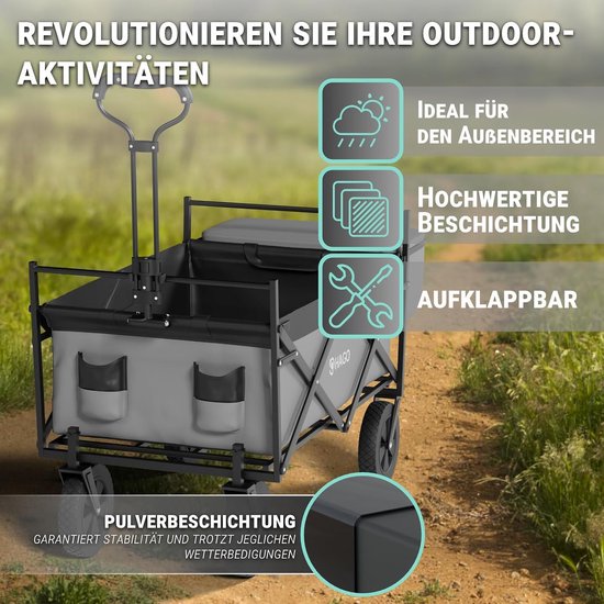 Opvouwbare bolderkar - Outdoor wagen - Familie uitstapjes - Met zonnedak - 80 kg draaglast - Grijs van Opvouwbare Bolderkar — afbeelding 3