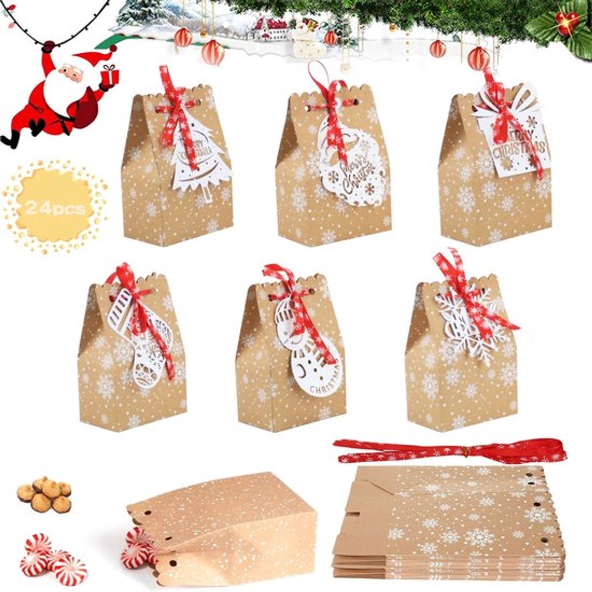 Kerstcadeauzakjes 24 Stuks - Kraftpapier - Snoepzakjes - Geschenken - Koekjes - Kleine Speelgoed - Afmetingen 12 x 7 x 18,5 cm