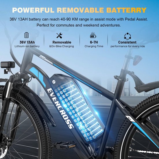 EVERCROSS EK15 Elektrische fiets - Ebike - 26" - 36V 10.4AH - tot 35-90 km - 7 versnellingen - blauw van EVERCROSS — afbeelding 5