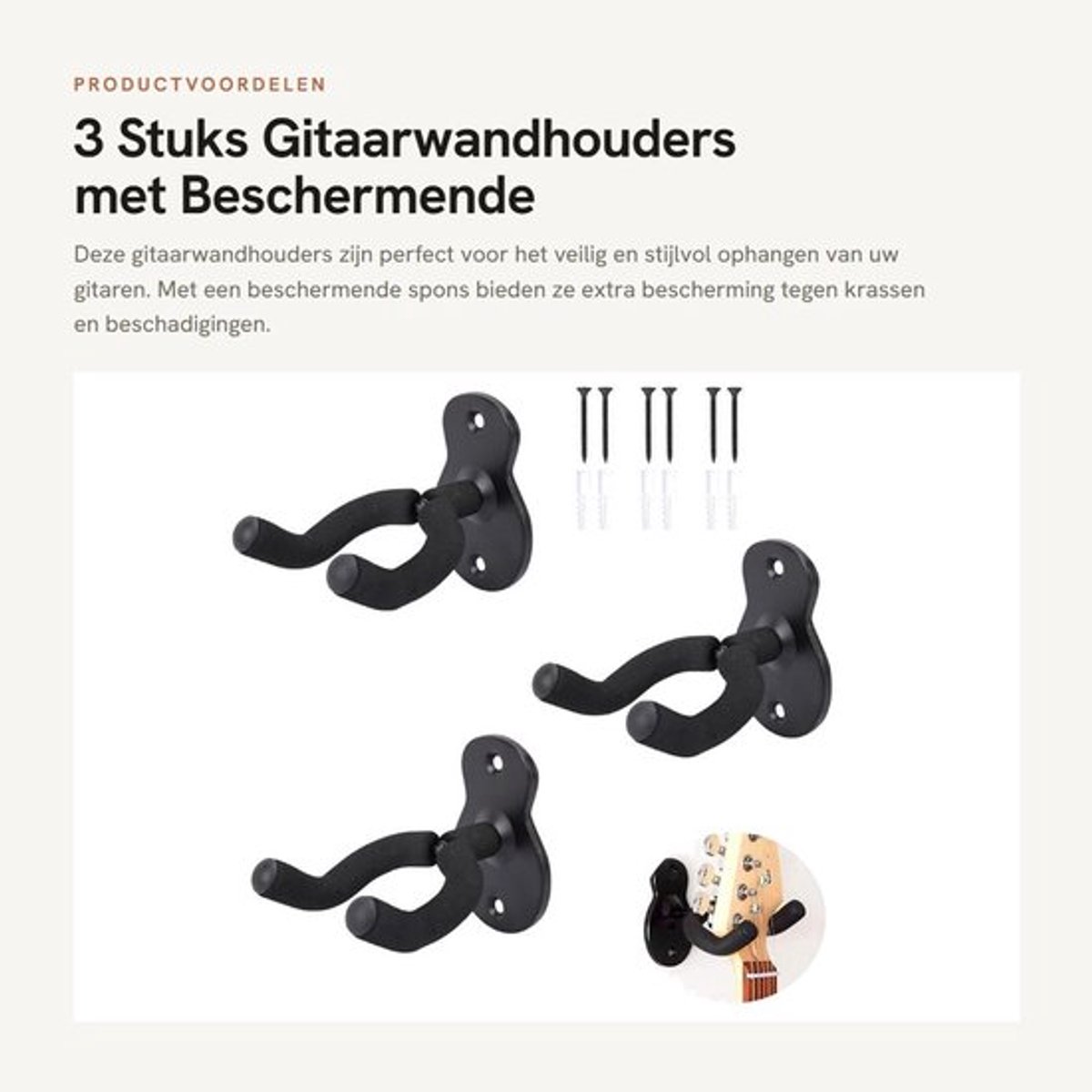 3 Stuks Gitaarwandhouders met Beschermende Spons