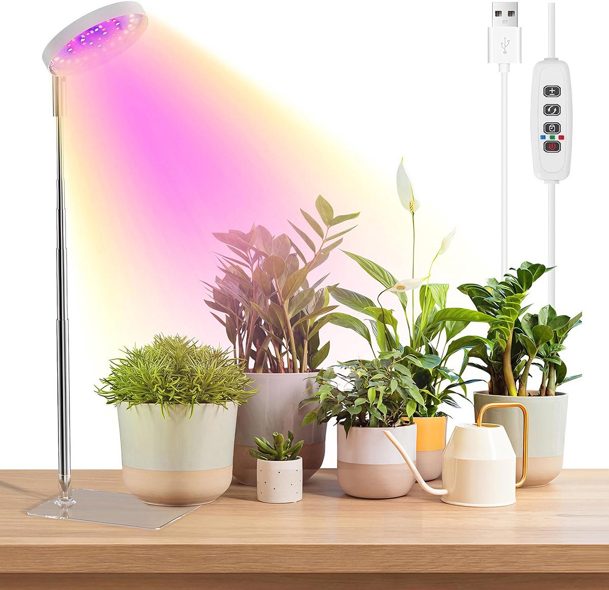 Rosnek LED Kweeklamp voor Tafel - Full Spectrum Groeilamp voor Planten - 48 leds Dimbaar met Timer 3/9/12 uur - Hoogte Verstelbaar met Voet of Direct in Potgrond - USB Plantenlamp - Wit