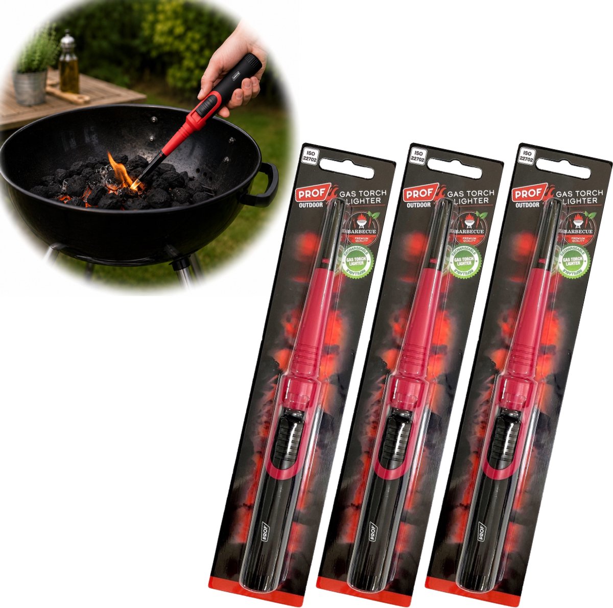 PROF Outdoor Gas aansteker - Lange gasaansteker - Aansteker- BBQ - Openhaard - 23 cm - Navulbaar - Barbecue en grill - 3 stuks