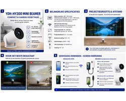 Mini Beamer 4K – YDH-HY300 Projector met WiFi 6 | 94 inch | 500 Lumen | Draagbaar & Compact | Draadloze en Bedrade Verbinding | Geschikt voor Thuisbioscoop & Cadeau
