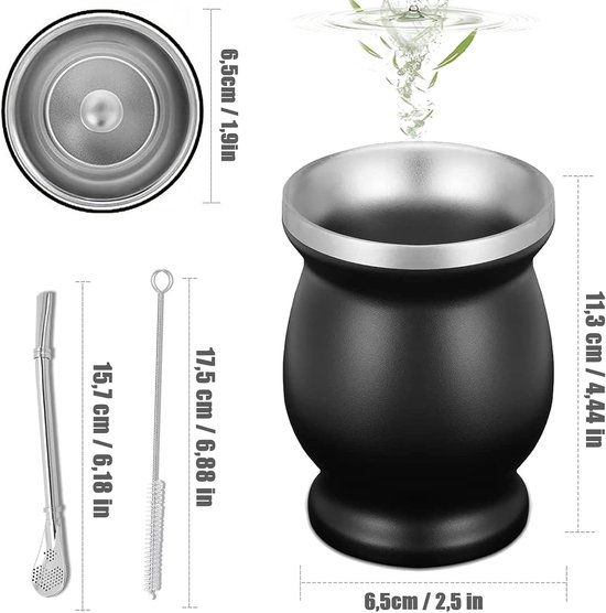 Yashumito Yerba Mate Beker Set - Dubbelwandig RVS 230 ml met 2 Bombilla's en Reinigingsborstel - Groente — afbeelding 2