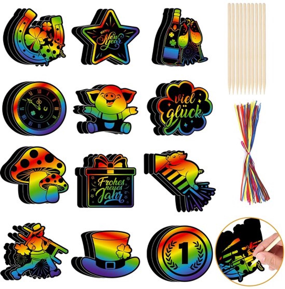 Krasafbeeldingen 36 Stuks - Hoefijzer - Varkensklaver - Decoratie - Geluksbrenger - Cadeau - Kraspapier