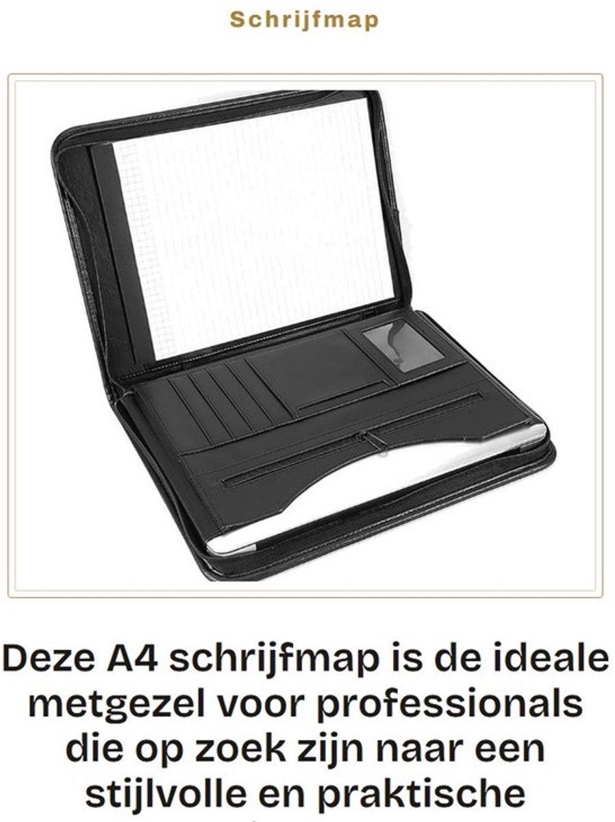 Schrijfmap A4 Luxe Kunstleer - Documentenmap met Ritssluiting - Opbergmap met Kaartvakken - Penhouder - Binnenzak - Gevoerd met Zwart PVC - Documententas