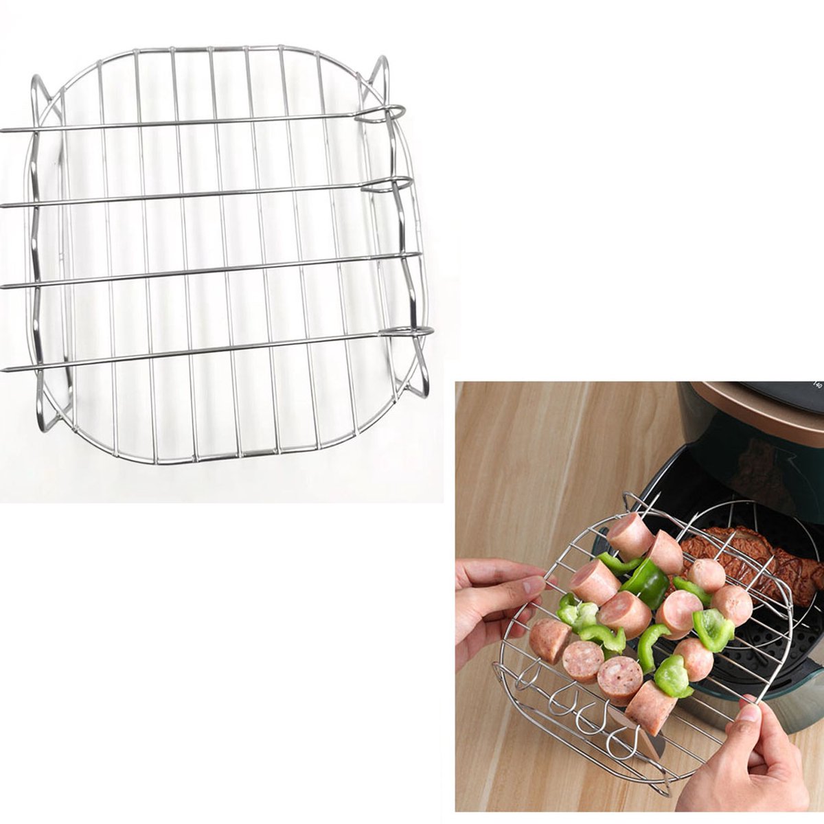 Grillrooster voor airfryer - Grillrooster - Dubbellaags grillrooster - Rond grillrooster - Broodrooster - 19x19x7 cm - 4 spiesjes - Roestvrij staal - Geschikt om te bakken, koelen en grillen - Zilver