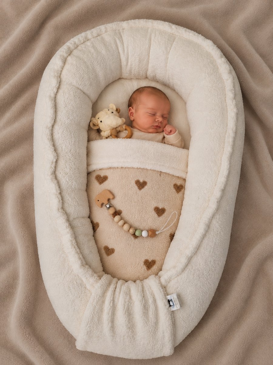 Babynestje teddystof ecru incl dekentje met hartjes