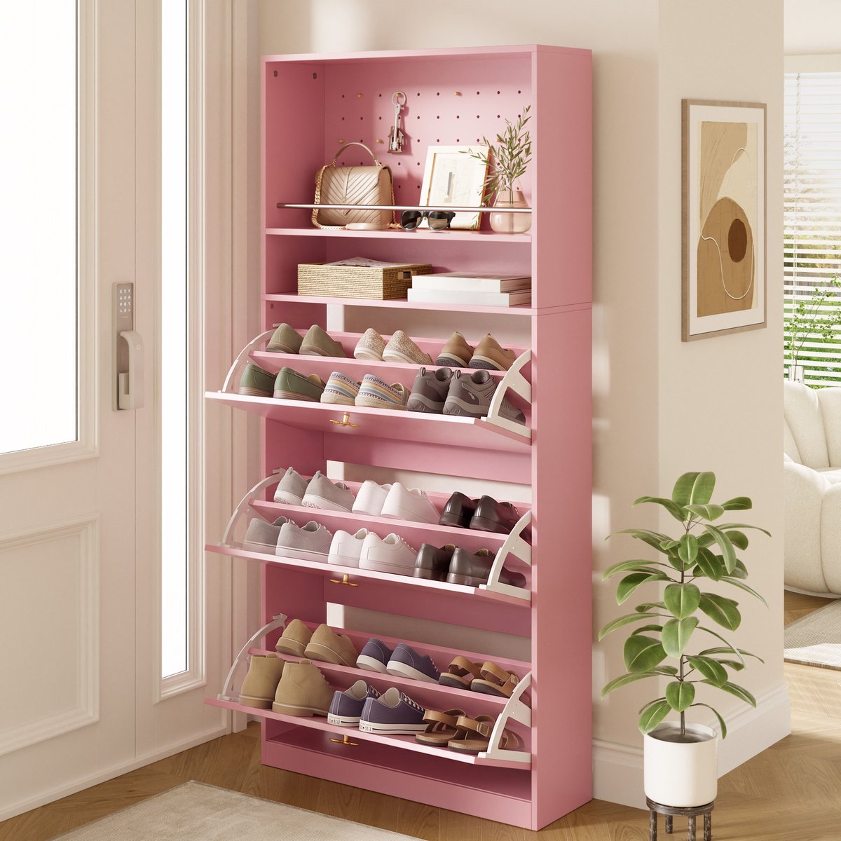 Pugsdrly Moderne smalle schoenenkast, schoenenrek met 3 klapvakken en 2 open opbergvakken, met goudkleurige klavertjevier-handgrepen, schoenenkast voor de gang en hal, roze, afmetingen: 80 × 24 × 178,5 cm