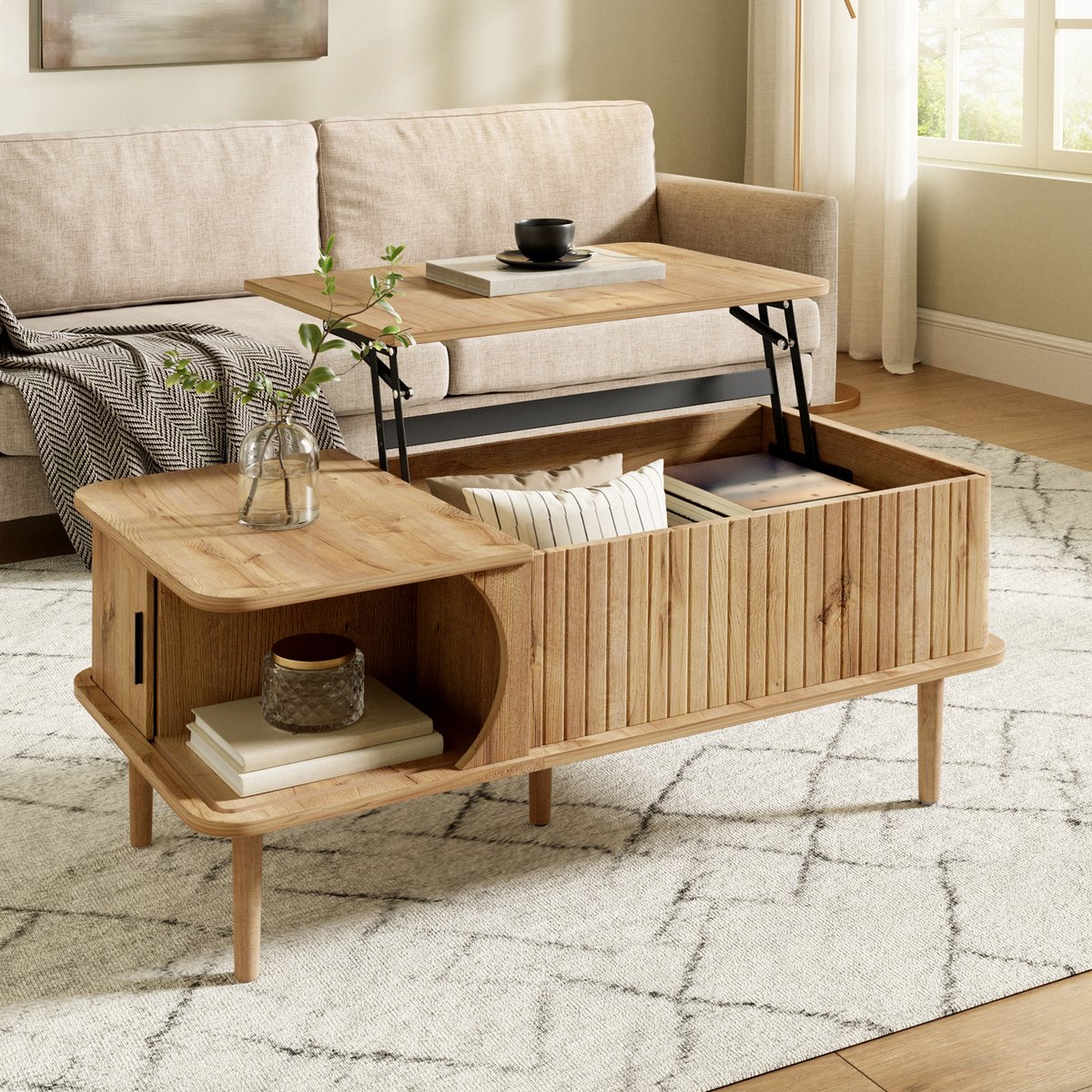 Pugsdrly Salontafel modern retro, in hoogte verstelbaar tafelblad, verschuifbare deur, houtlook, verticale groeven, houten poten, multifunctionele salontafel