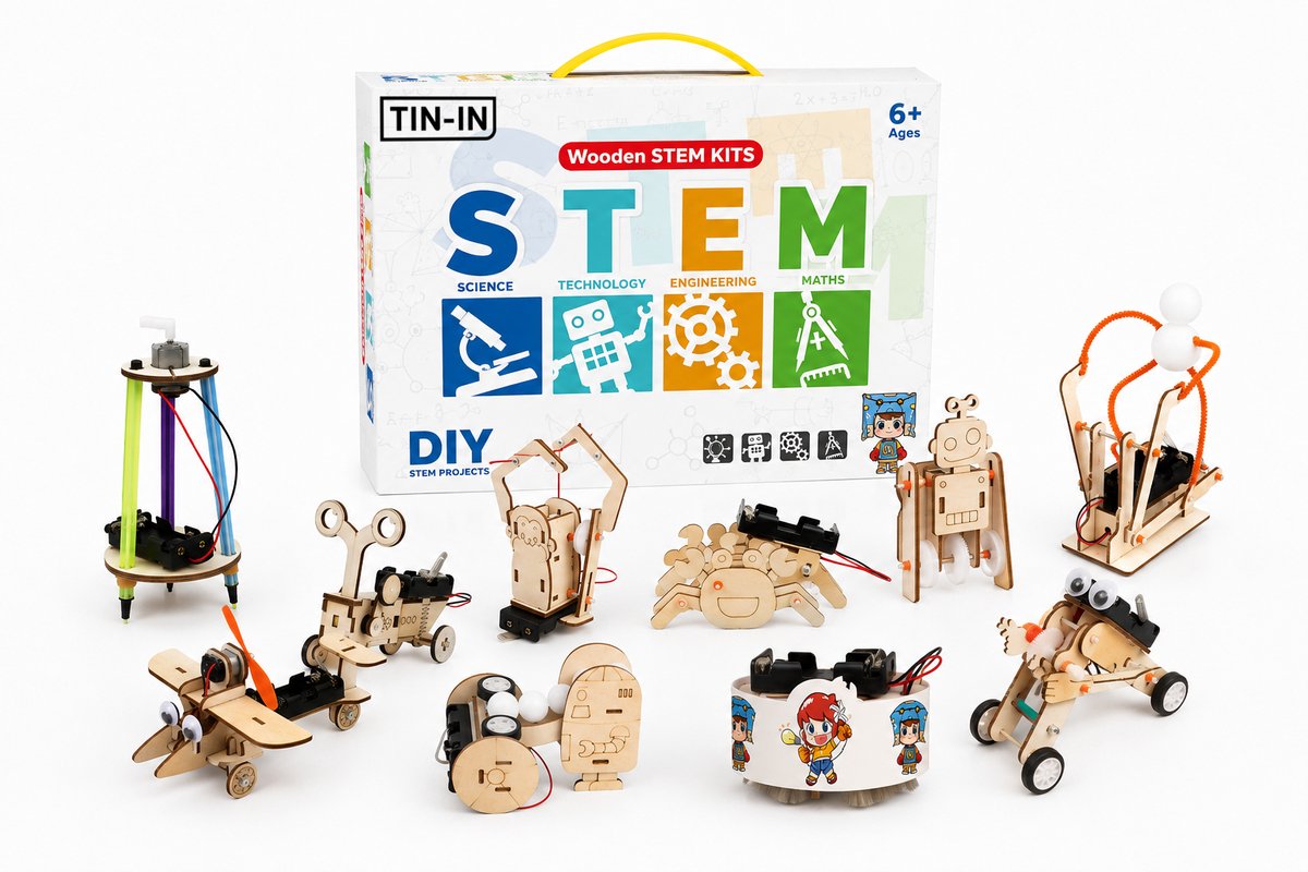 TIN-IN Houten Bouwpakket 10-in-1 - STEM Leren voor Kinderen - Technisch Educatief - DIY Robot Bouwpakket met Motor - Knutselpakket Experimenteerset - Jongens en Meisjes vanaf 6 Jaar - Cadeau