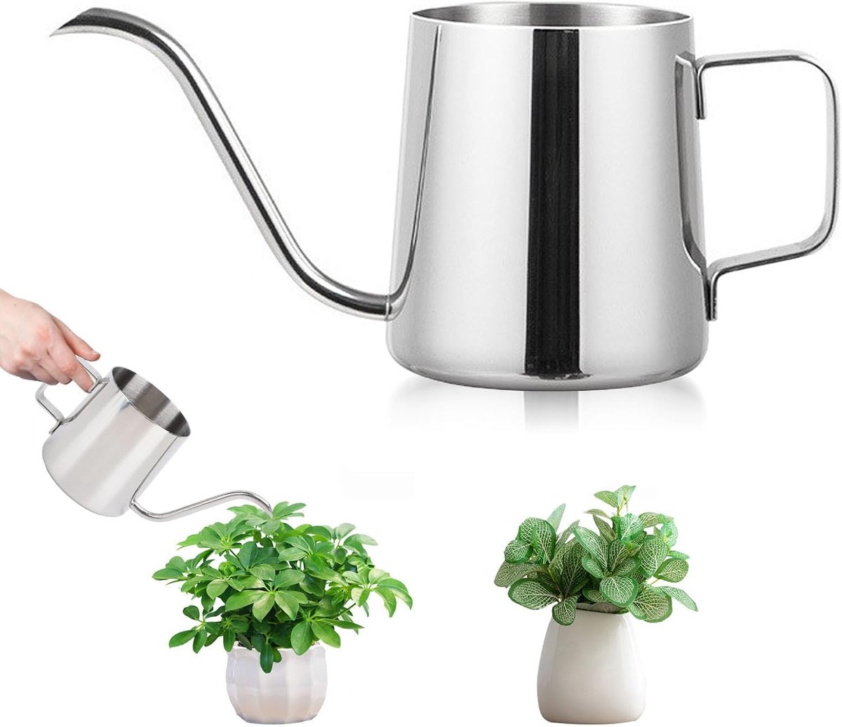 KZQ Roestvrijstalen Mini Gieter 350 Ml Met Lange Tuit Voor Kamerplanten En Bonsai Zilver