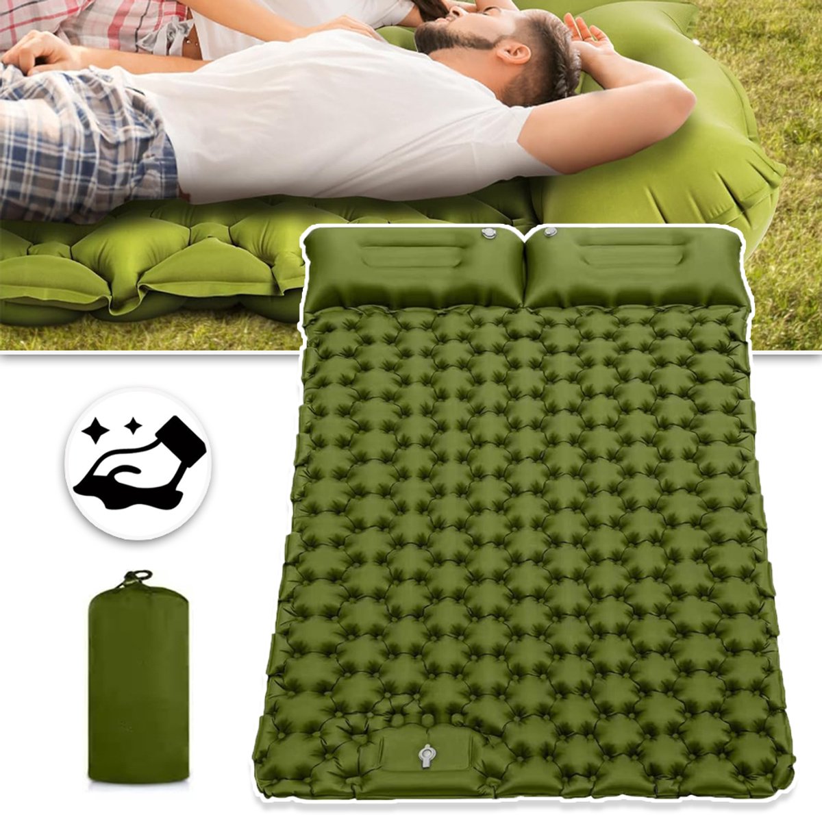 Dubbel Opblaasbaar Slaapmatje Met Ingebouwde Voetpomp En Honingraatvormige Airbags - TPU-Gecoat Geen Mondopblazen Nodig Compact - Voor Kamperen, Wandelen En Strand - Olijfgroen