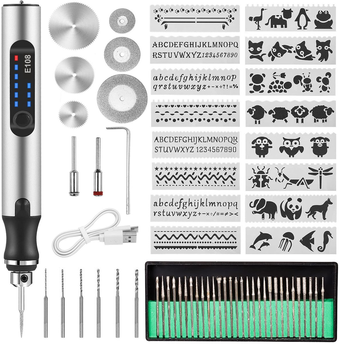 Elektrische graveerpen - 63-delige set - Elektrische polijstmachine - Draadloze USB - Mini-graveermachine - Compact en draagbaar - Multitool - Mini-graveerpen voor doe-het-zelf - Geschikt voor sieraden, glas, hout, plastic, metaal en steen - Zilver