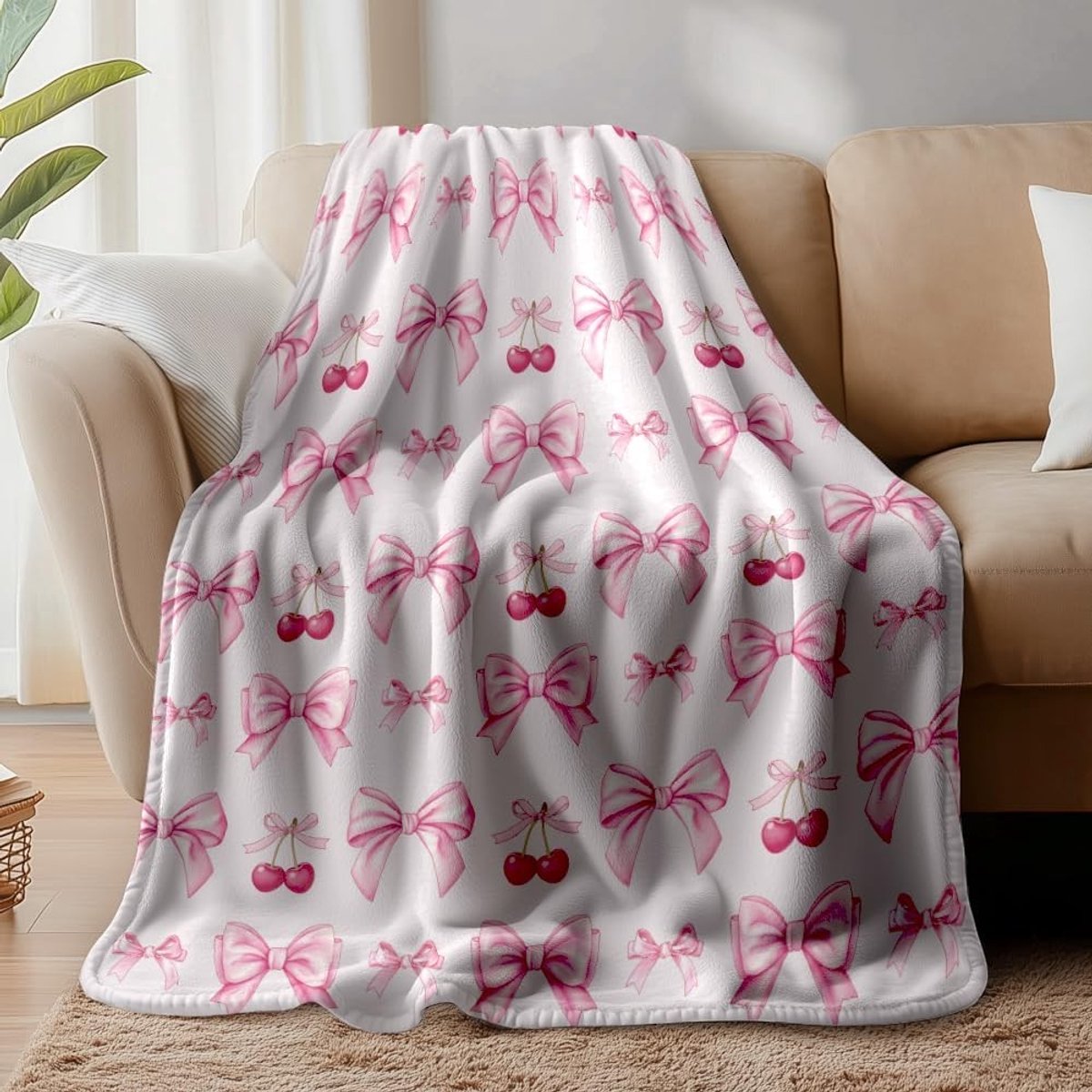 Schattige Kersen Bogen Dekentje, Fluffy Zachte Fleece Deken voor Kantoor, Slaapkamer en Woonkamer, Perfect als Cadeau voor Thuis en Reizen