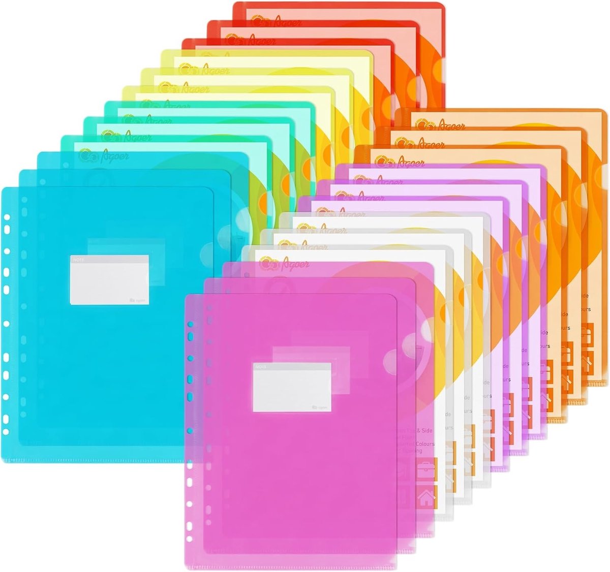 A4 plastic mappen met labels, 24 stuks heldere kunststof hoezen in 8 felle kleuren, 11 gaten documentbeschermers voor papierwerk en dossiers