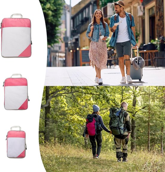 MODFU Compressiezakken voor Kleding - 4 Delige Reis Opbergset met 3 Cubes & 1 Schoenentas - Ruimtebesparend - Lichtgewicht & Duurzaam - Oxford Stof - Roze - 40x30x9 cm — afbeelding 4