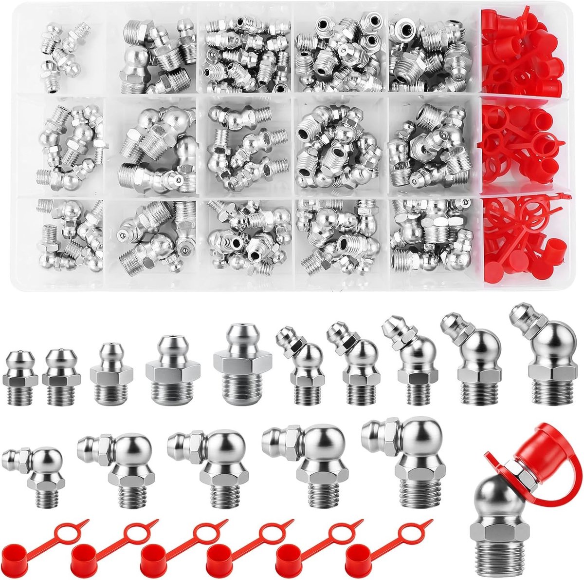 Smeernippels Assortiment Kit - Vetnippels Set - Onderhoud Machines - IJzer-koolstofstaal - 134 Stuks - Zilver