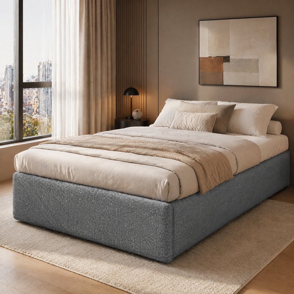 COVREO Bedframe 90x200 cm grijs stof, zonder hoofdbord, met lade