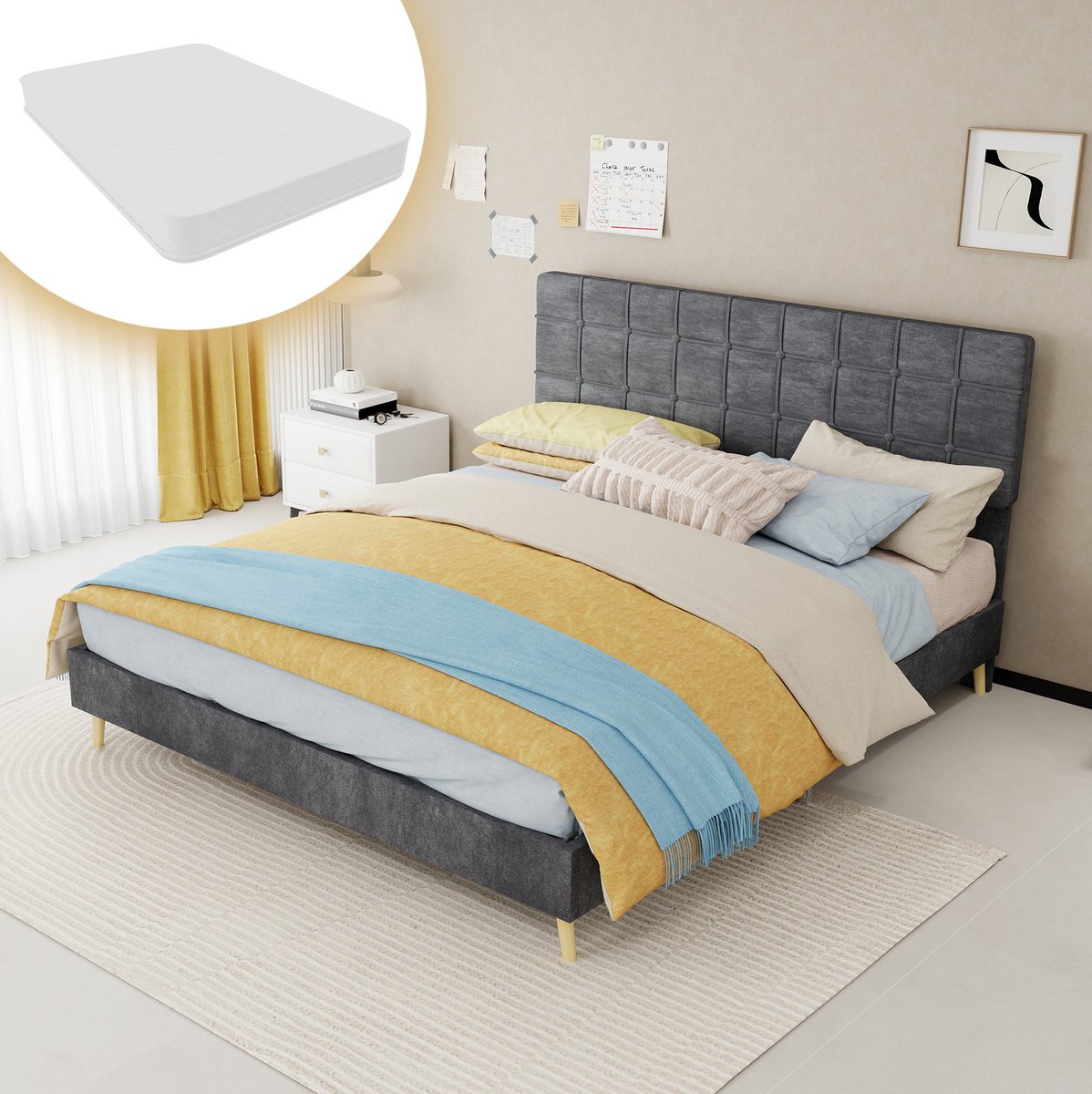 COVREO Bed 160x200 cm grijs, stof, inclusief matras voor volwassenen donkergrijs