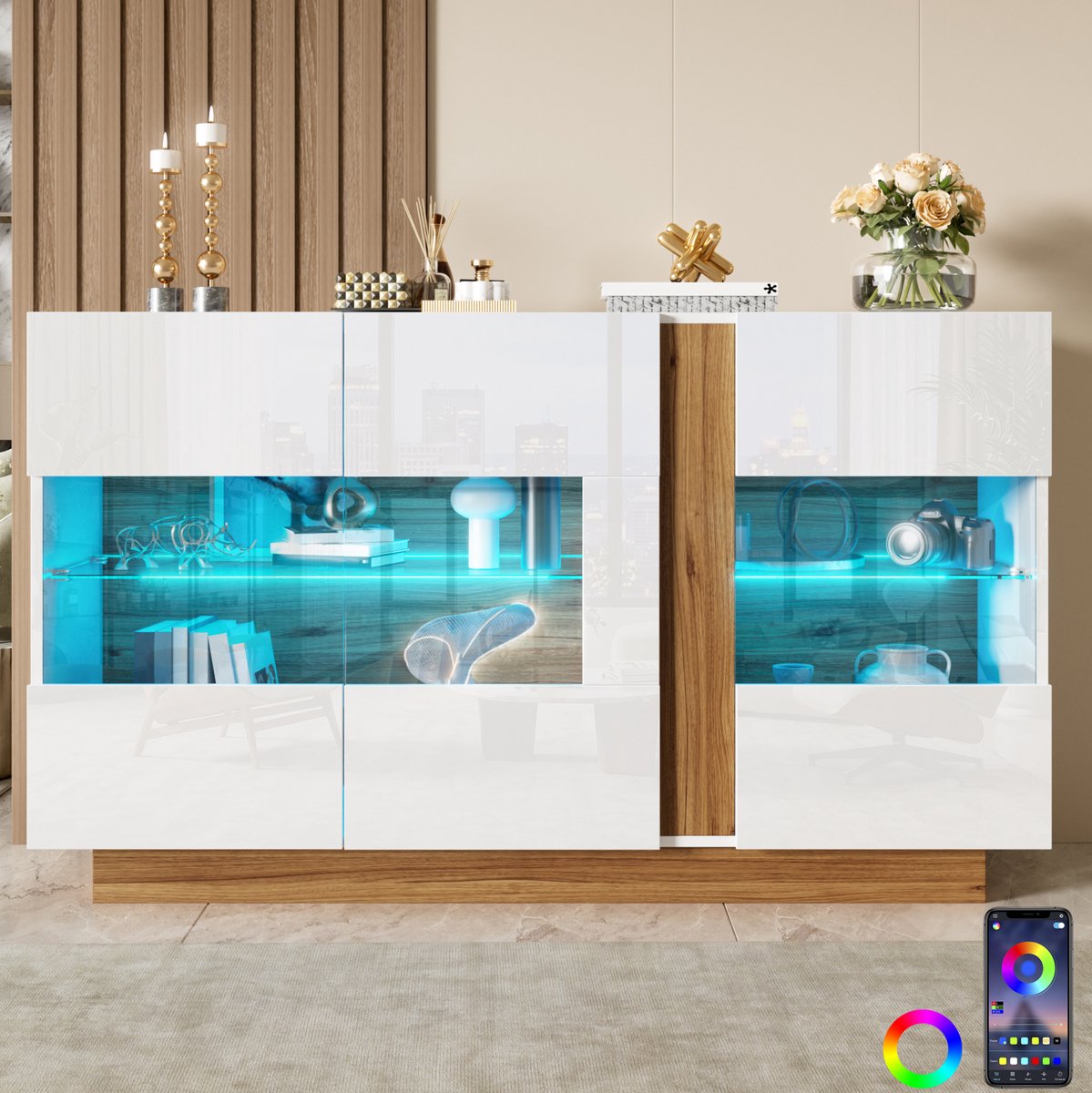 DESMIU Dressoir Met Acryldeuren En Led Verlichting Voor Woonkamer En Slaapkamer Spaanplaat Wit Natuurlijk 120x38x80 Cm