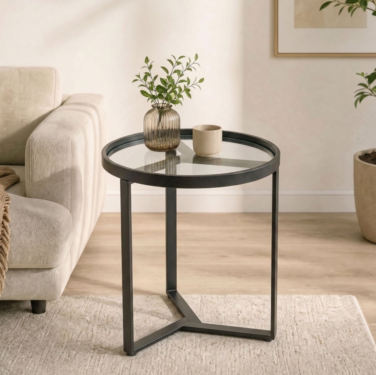 DESMIU Bijzettafel - Geometrisch Metalen Onderstel Met Gehard Glas - Modern Voor Woonkamer En Slaapkamer - Zwart - 45 Cm