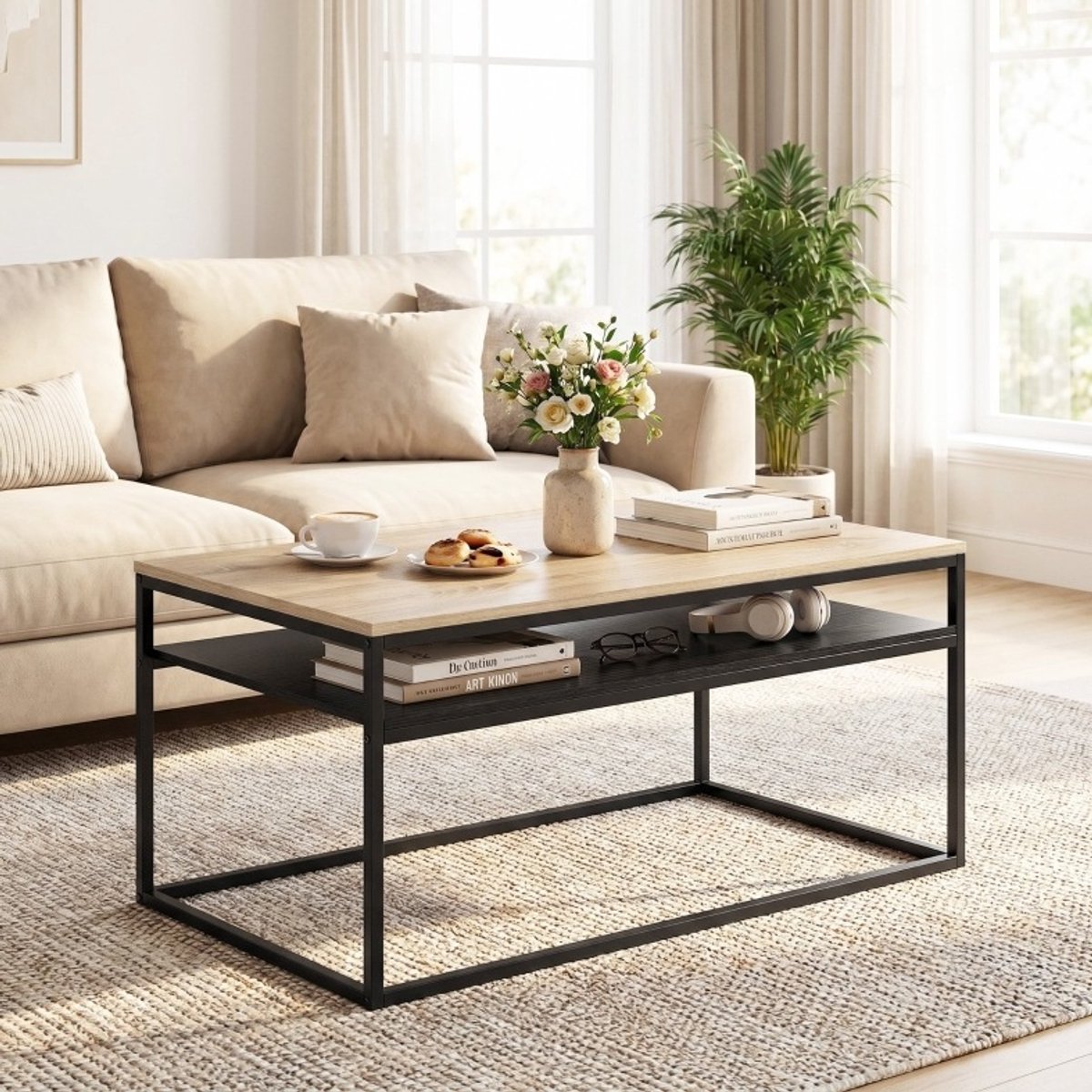 DESMIU Salontafel - Industrieel Design Met Opbergplank - Voor Woonkamer, Slaapkamer En Werkruimte - Hout En Metaal - 100x59,8x47 Cm - Eiken
