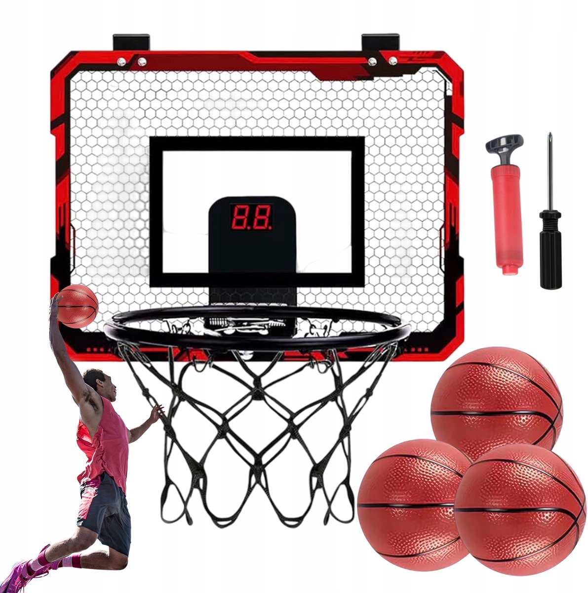 Mini Hoop - Mini Basketbalbord met Ring - Hangend Basketbalbord - Scoreweergave & Geluidsfeedback - 40x30 cm - Opvouwbaar - Zonder Boren - 3 Ballen & Pomp - Indoor Basketbal Set - Voor Deur en Kamer
