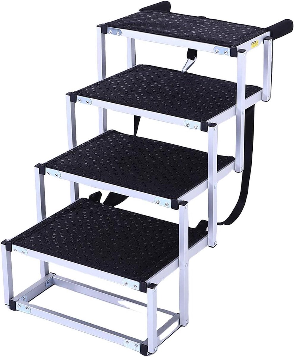 Hondentrap Auto - Hondenloopplank Hondenopgang - Veilig Reizen - Antislip Aluminium Frame - 4 Treden - Grijs