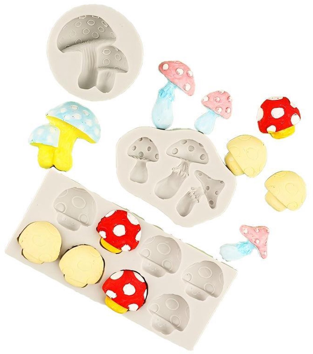 Siliconen mal 'Paddenstoel' – Fondant-/snoepvorm (paddenstoelen & groenten) – Decoratie voor taarten & cupcakes – Maken van snoep, chocolade & gummetjes – Suikerkunst – Polymeerklei – 3-delige set