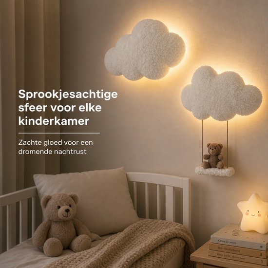 BukkitBow - Teddy Wolkenlamp Set met Schommelbeertje - Handgemaakte Teddy Wolkenlamp - LED Babykamer Nachtlamp - Dimbare Kinderkamer Verlichting - Wit — afbeelding 2