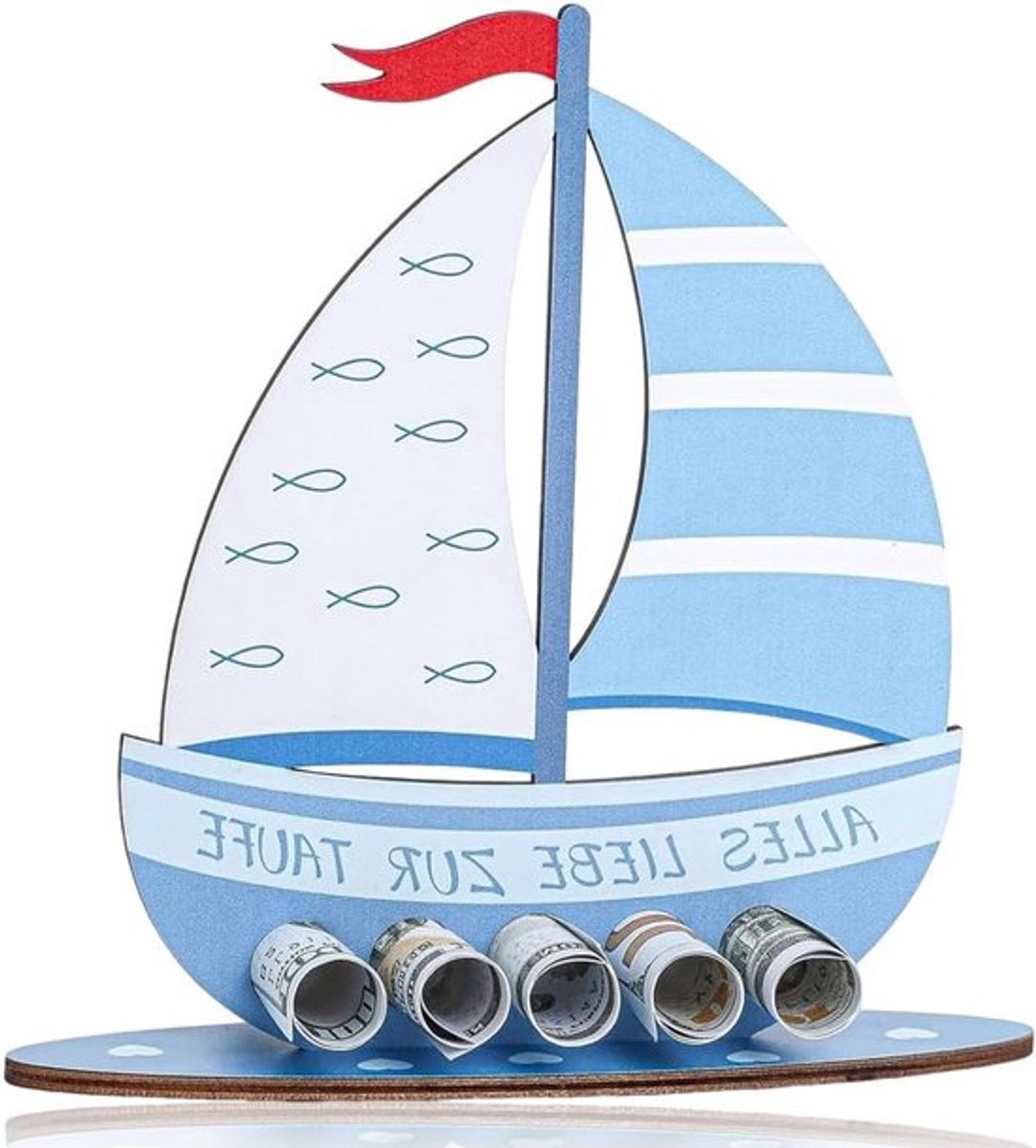 Blauwe houten boot als geldgeschenk voor doop, 3D decoratie en unieke cadeau-ideeën