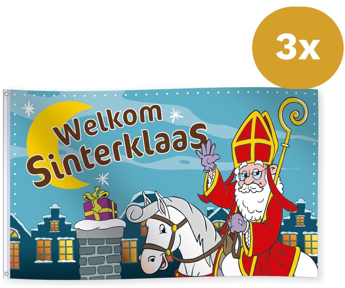 3x Vlag Sinterklaas 150 x 90 centimer - Sinterklaas Decoratie Versiering Piet December