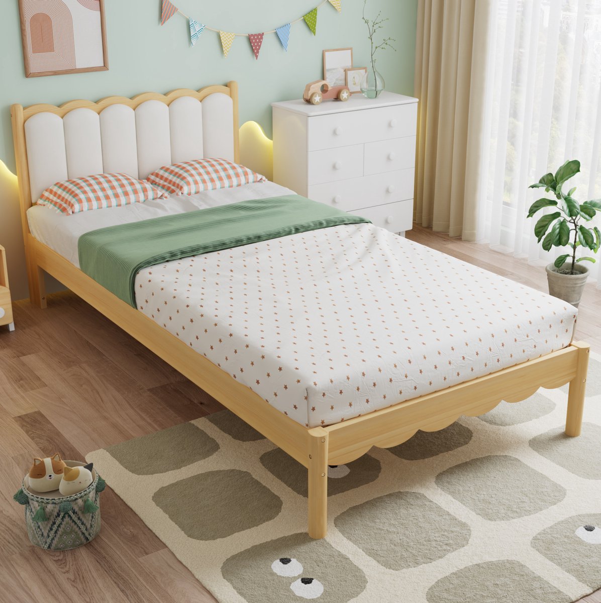 Wishdor Kinder bed - Eenpersoonsbed 90x200 cm - PU hoofdbord - golvend design - lattenbodem - hout - beige - voor kinderkamer