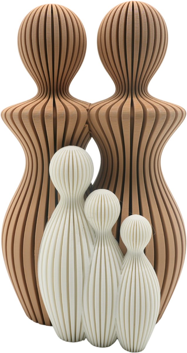Familie beeldjes – Mama & mama met 3 kinderen - Bruin, Mokka en Wit - 3d geprint - Modern decoratief beeld - Cadeau voor familie/ koppel - Decoratief cadeau - 25CM