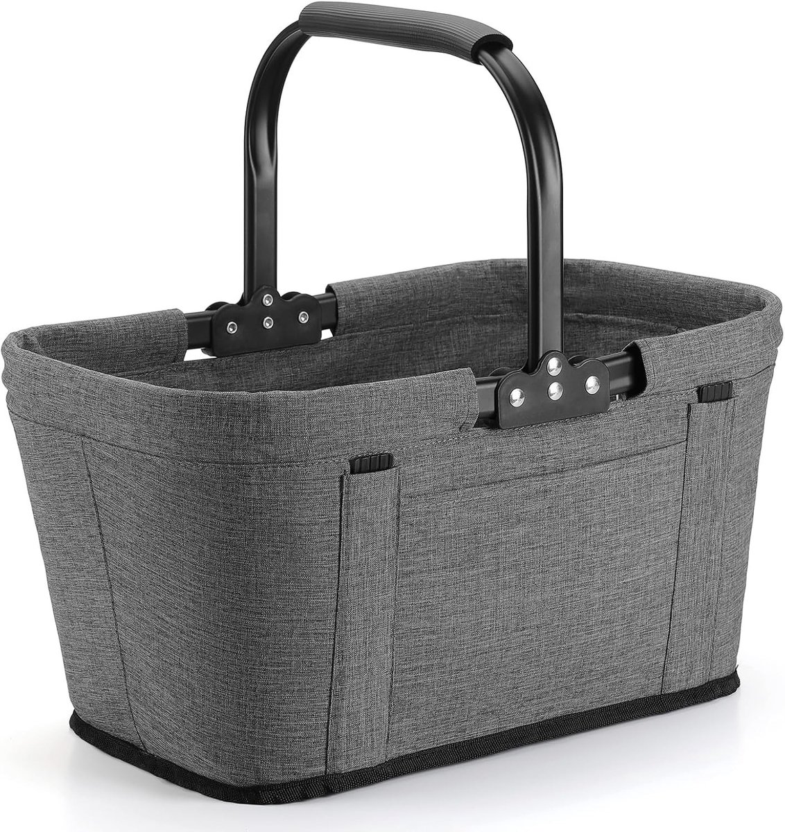 Opvouwbare boodschappenmand van 30 liter met steunstangen, versterkte stof en zwart frame, ideaal voor winkelen, reizen en camping, 46 x 27 x 25 cm, lichtgrijs