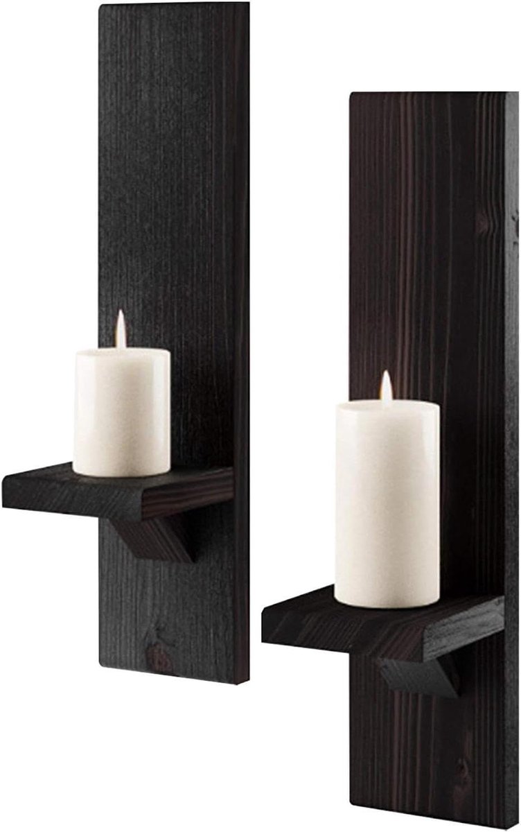 Houten Wandkandelaar - Kaarsenhouder Muur - Sfeerverhoging Huis - Stabiele Driehoekige Structuur - 43 x 22 x 12 cm - Zwart