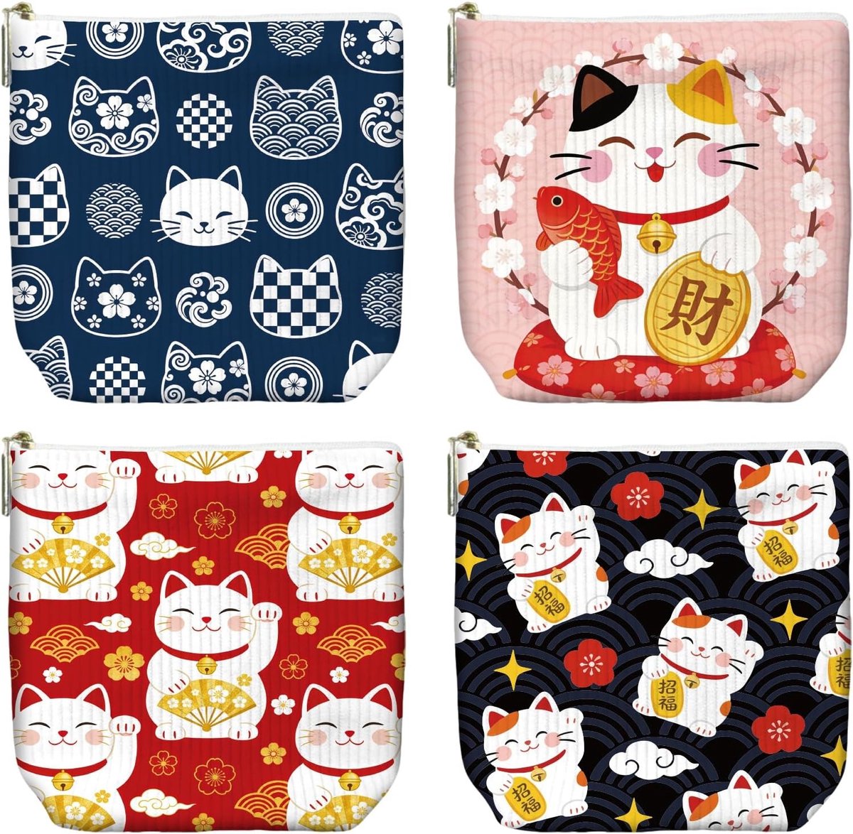 SnelShoppen - Set van 4 kleine make-uptassen van corduroy voor dames, Japanse kat met kersenbloesem, schattige toilettassen voor onderweg, make-up etu