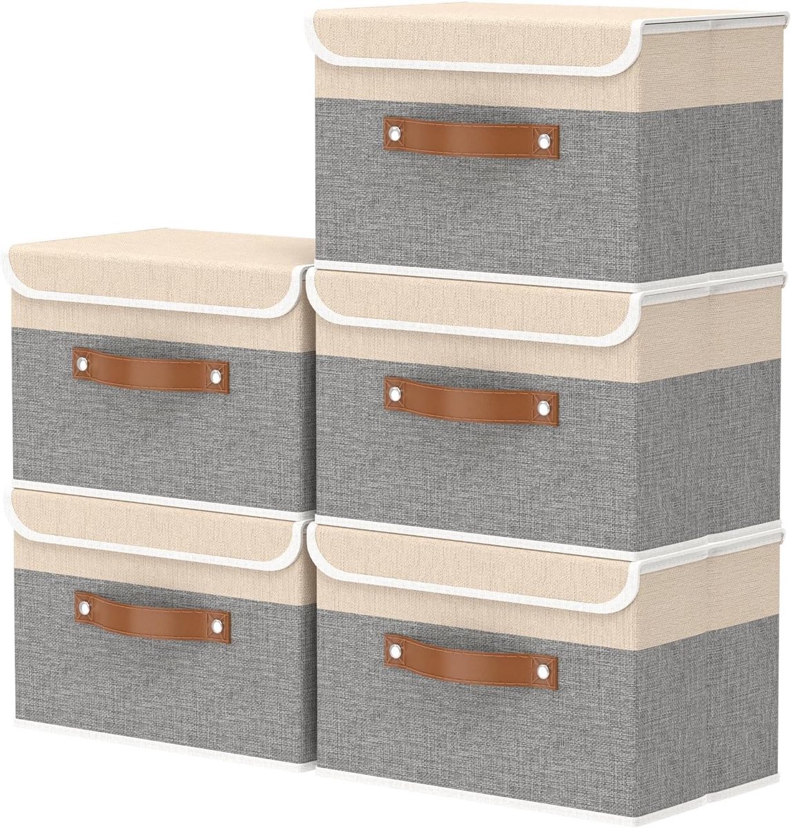 Grote opvouwbare opbergdozen met deksel van linnen stof voor handdoeken, boeken en kleding - 5 stuks in beige/grijs, ideaal voor georganiseerd opslaan
