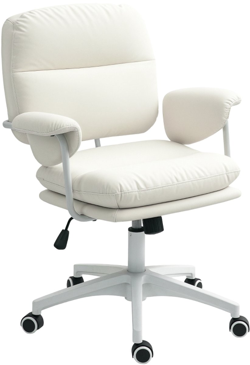 Witte Bureaustoel 65x64x98 cm, Kantoorstoel, Computerstoel, Draaistoel, Schrijftafelstoel met Armleuningen, Zachte Zitting, Hoogteverstelling, Kantelfunctie en Wieltjes voor Home Office, Slaapkamer