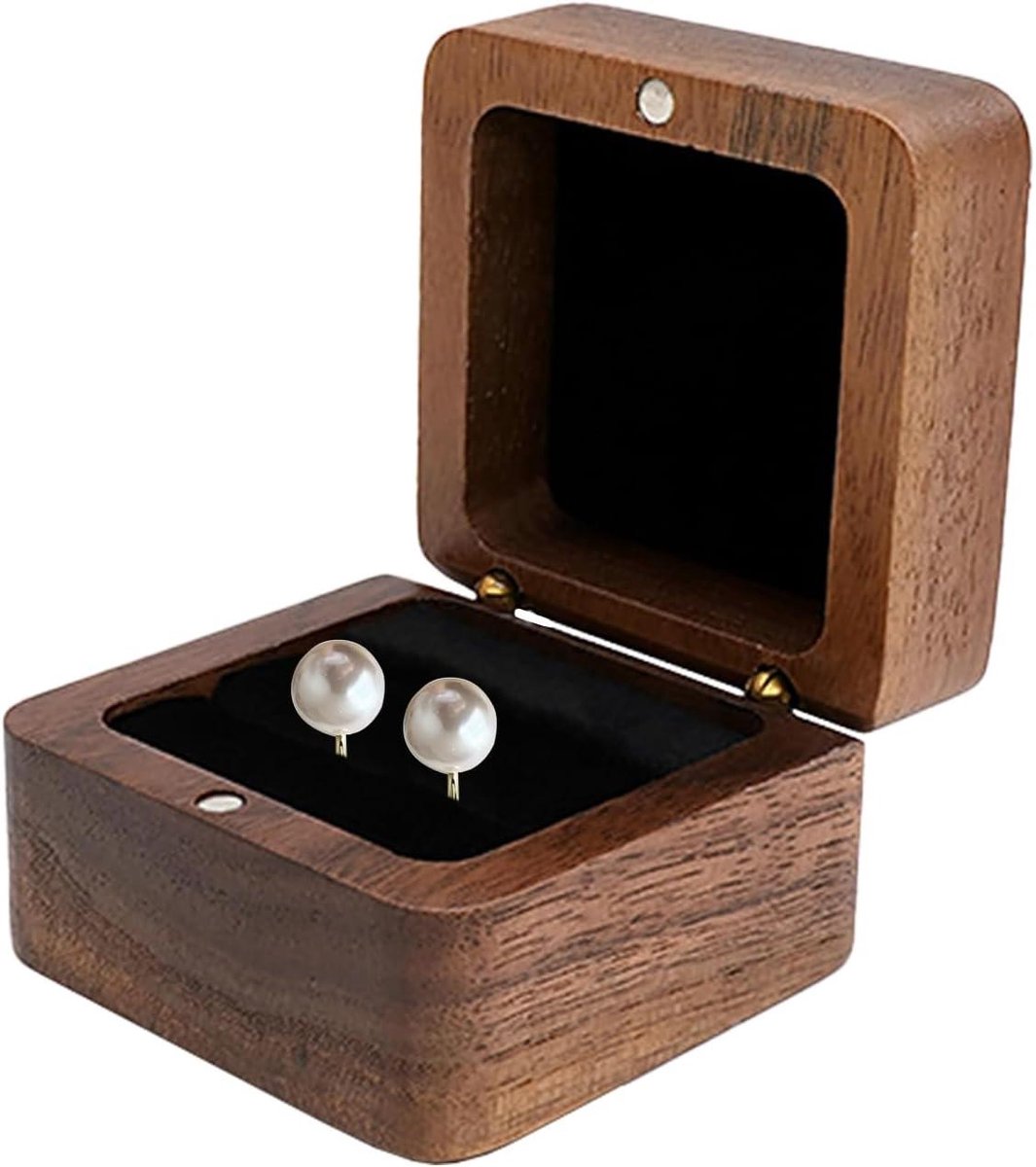 Houten Ringendoosje - Verlovingsdoosje Trouwdoosje - Sieraden Opbergen - Handgemaakt Walnoothout - 5.5 x 3.5 cm - Zwart