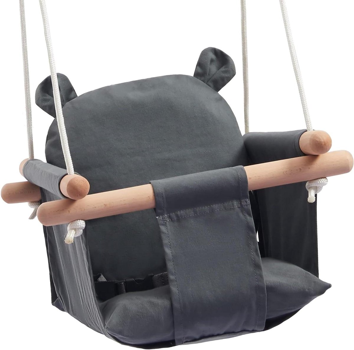 Babyschommel - Houten schommelstoel - Binnen en buiten spelen - Verwijderbaar kussen - Tot 40kg - Grijze oren