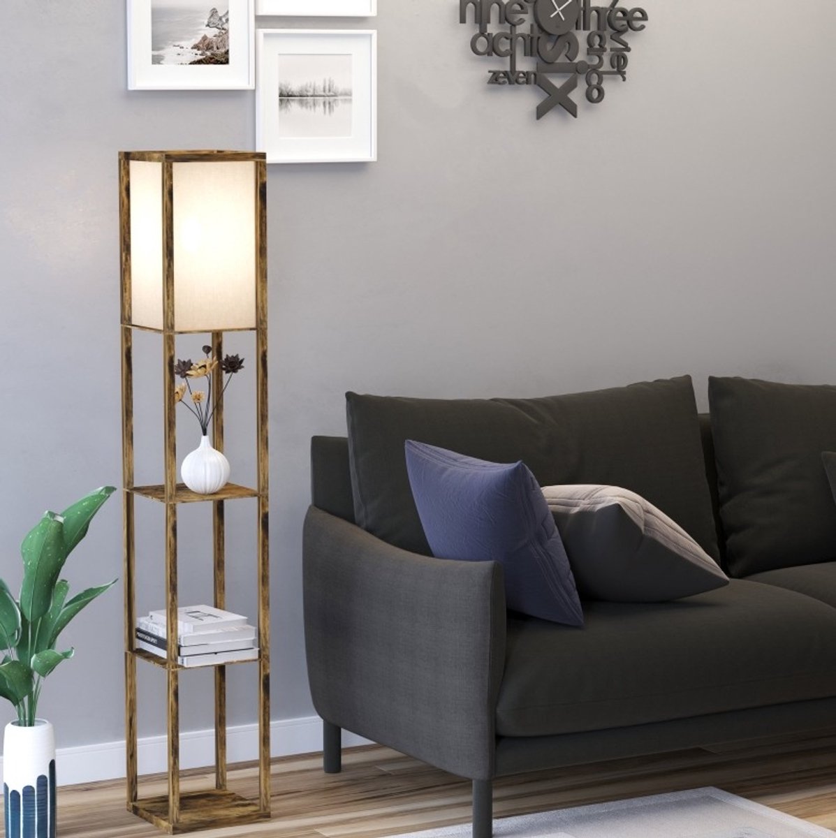 COVREO Staande lamp 26x26x160 cm rustiek bruin hout, met 3 planken