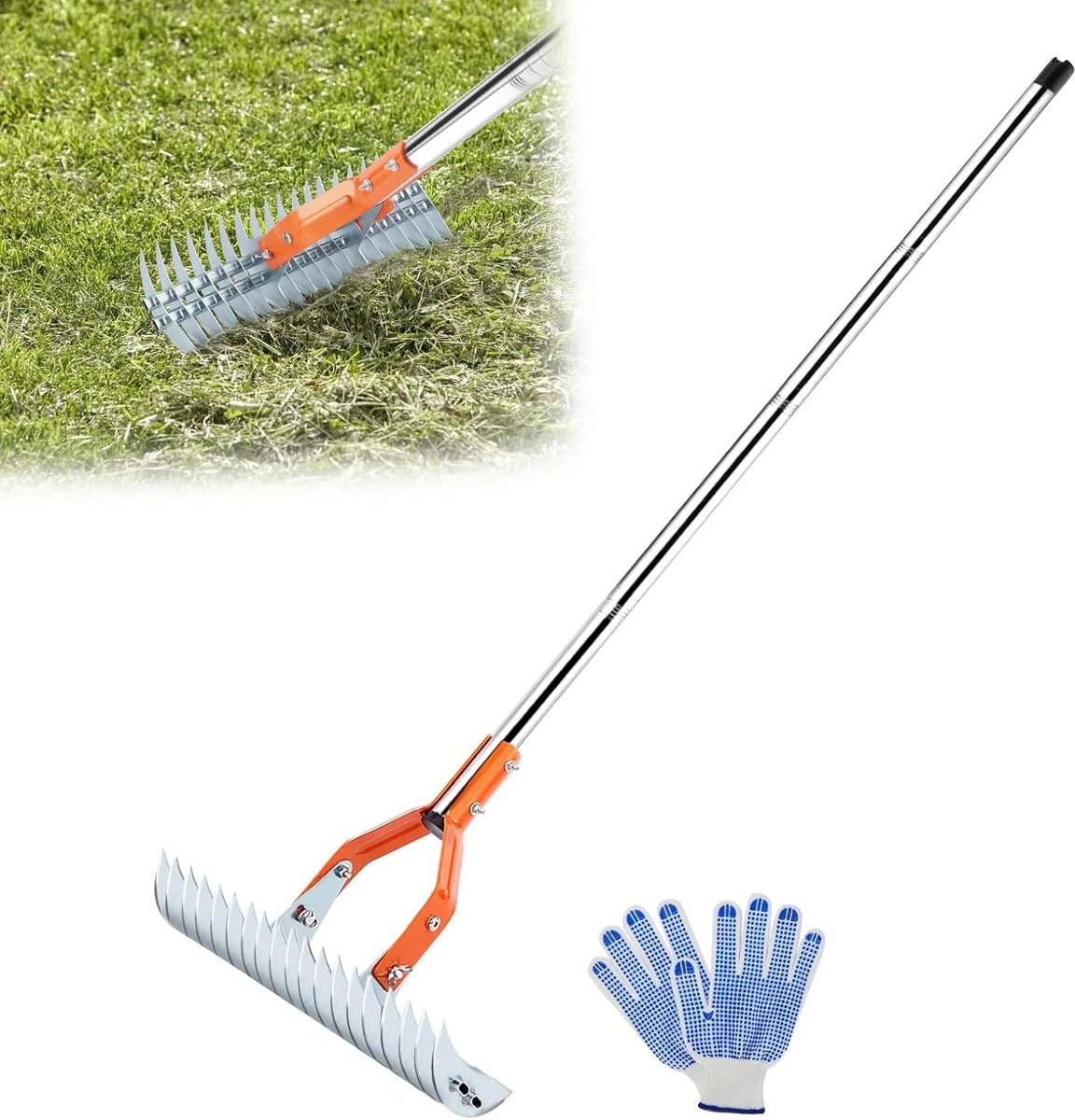 Krachtige 15 Inch Grasriek met Handschoenen, Ideaal voor het Verwijderen van Dood Gras en Tuinonderhoud, 162cm Veelzijdige Gronddoek voor een Gezonde Tuin