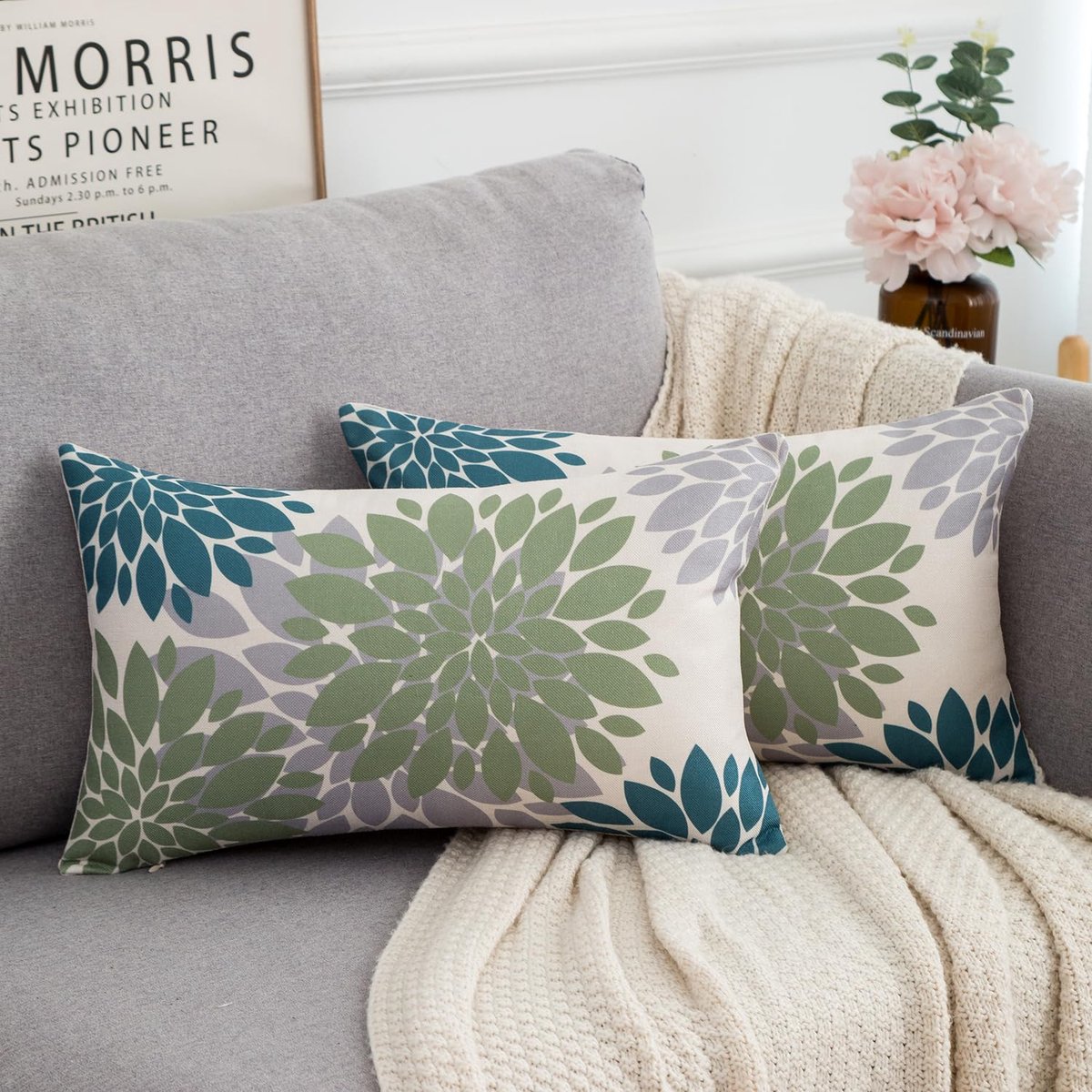 Kussenhoezen 30x50 cm met bloemenpatroon in blauw, groen en grijs, set van 2